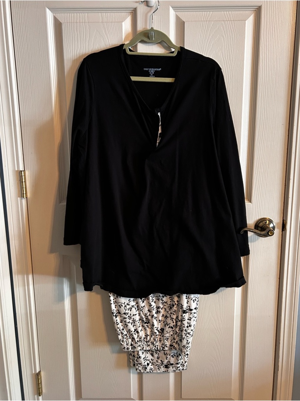 Woman Within’s Only Necessities Set - Black Henley Top, Patterned White Bottoms